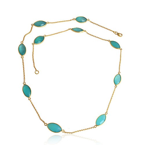 Aqua Chalcedony Gemstone Designer Gold Plated Silver Chain Necklace Jewelry - Picture 1 of 2