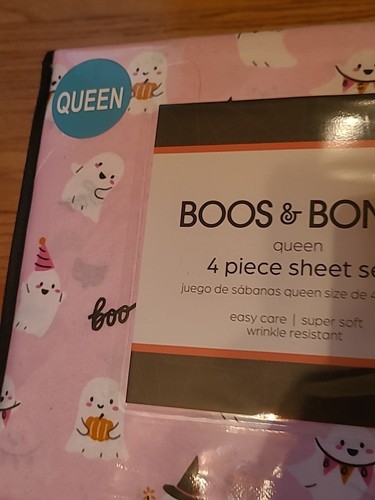 Halloween Ghost Pink Sheets Queen 4 Piece Set Boos & Bones NWT - Picture 3 of 9