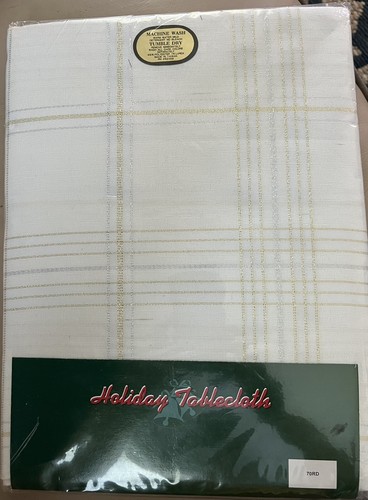 Vintage Holiday Tablecloth 60"x 84" OB White Thin Gold/Silver Lines Walmart - Picture 2 of 2