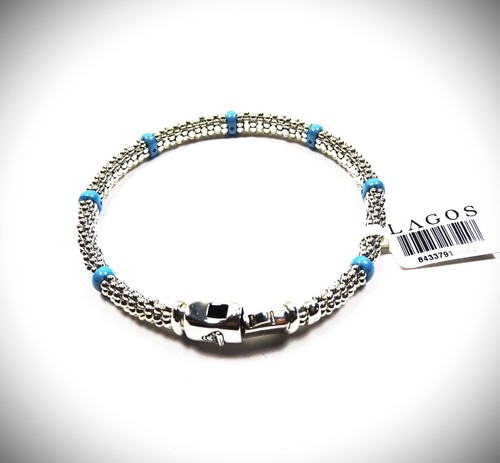 LAGOS Caviar Sterling Silver Ceramic Blue Stations Bangle Bracelet - Picture 8 of 13