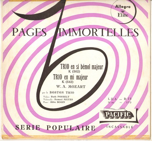 RUTH POOSELT / BOSTON TRIO, MOZART TRIO K 502 & 542 LP 1954 ALLEGRO ELITE LDA-73 - Picture 1 of 5