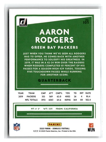 2020 Donruss #103 Aaron Rodgers Green Bay Packers 202320 - Picture 2 of 2