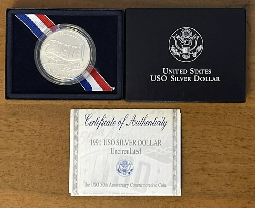 1991-D USO 50th Anniversary Commemorative Unc Silver Dollar w/Box & COA OGP