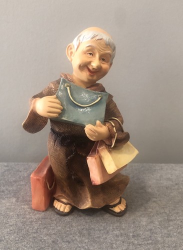 Vintage Monk Carrying Purses Smiling Religious Statue Figurine 6” Decor