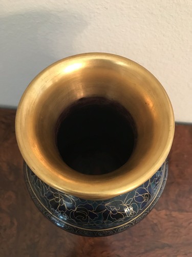 Antique Chinese Dynasty Double Dragon 12” Blue Cloisonné Vase Signed Embossed_MP - Picture 8 of 9