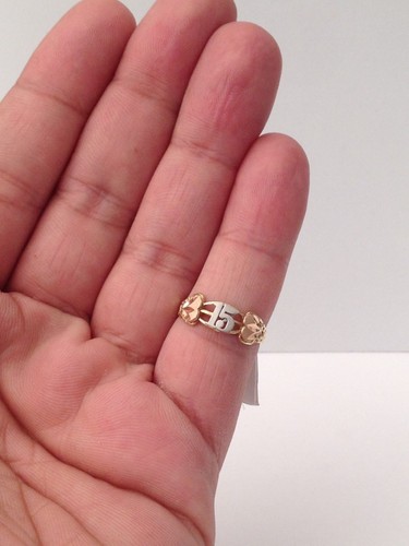 14k Yellow & Rose White Gold 15 Birthday Hearts Quinceanera Ring Band Girl Girls - Picture 8 of 12