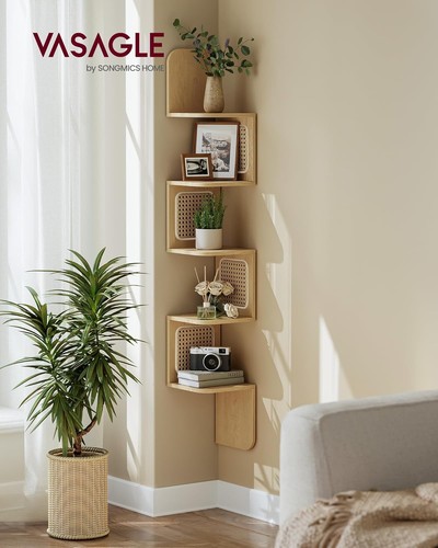 VASAGLE 5-Tier Corner Shelf, Wall Mounted Floating Zigzag Oak Beige - Picture 2 of 7