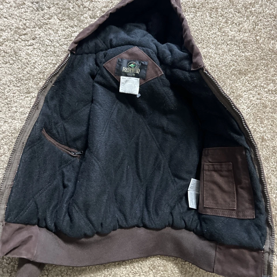 Jaqueta de lona infantil tamanho 2T marrom zíper completo cabeça vermelha marca roupa de trabalho - Imagem 3 de 4