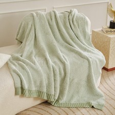 Faux Fur Throw Blanket 50x60in - Sage, Knitted, Lightweight, Machine Washable
