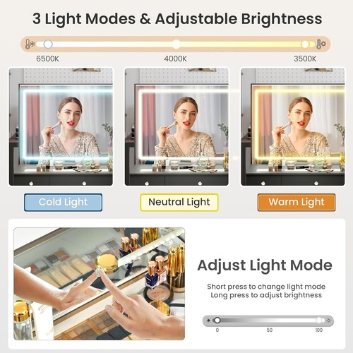 Schmink Waschtisch mit Kristallknöpfen, Glasplatte Schminktisch mit Spiegel und Beleuchtung - Bild 23 von 25