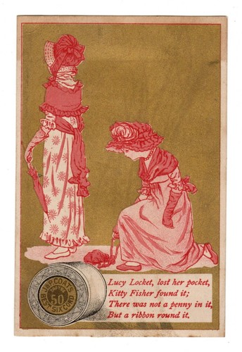 1880er J P MÄNTEL HANDELSKARTE, KINDERREIM SERIE, LUCY MEDAILLON, GOLD & ROT