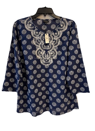 NWT Talbots Blue & White Embroidered Beaded Tunic Top Lightweight SPRING Medium