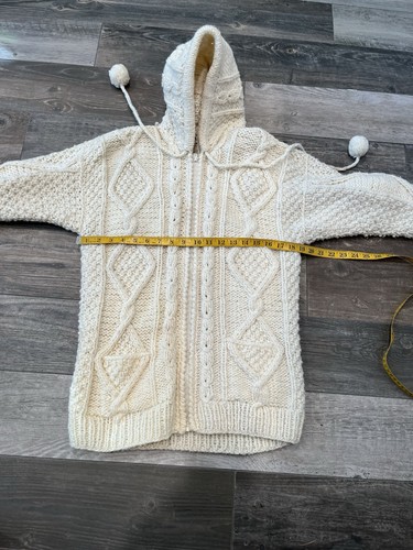 Native Inka 100% Wool Elf Hooded Chunky Sweater Fisherman Cable Pom Pom Long - Picture 11 of 11