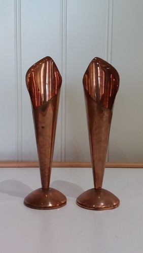 pair of vintage weighted base copper bud flower stem fluted vases 18.5 cms high - Picture 11 of 22