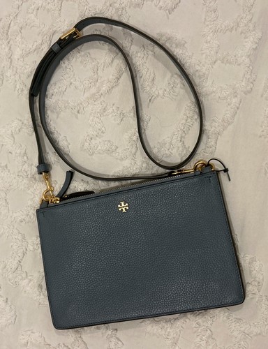 Tory Burch Blake Blue Pebble Leather Double Zip Slim Crossbody Bag - Bild 1 von 5