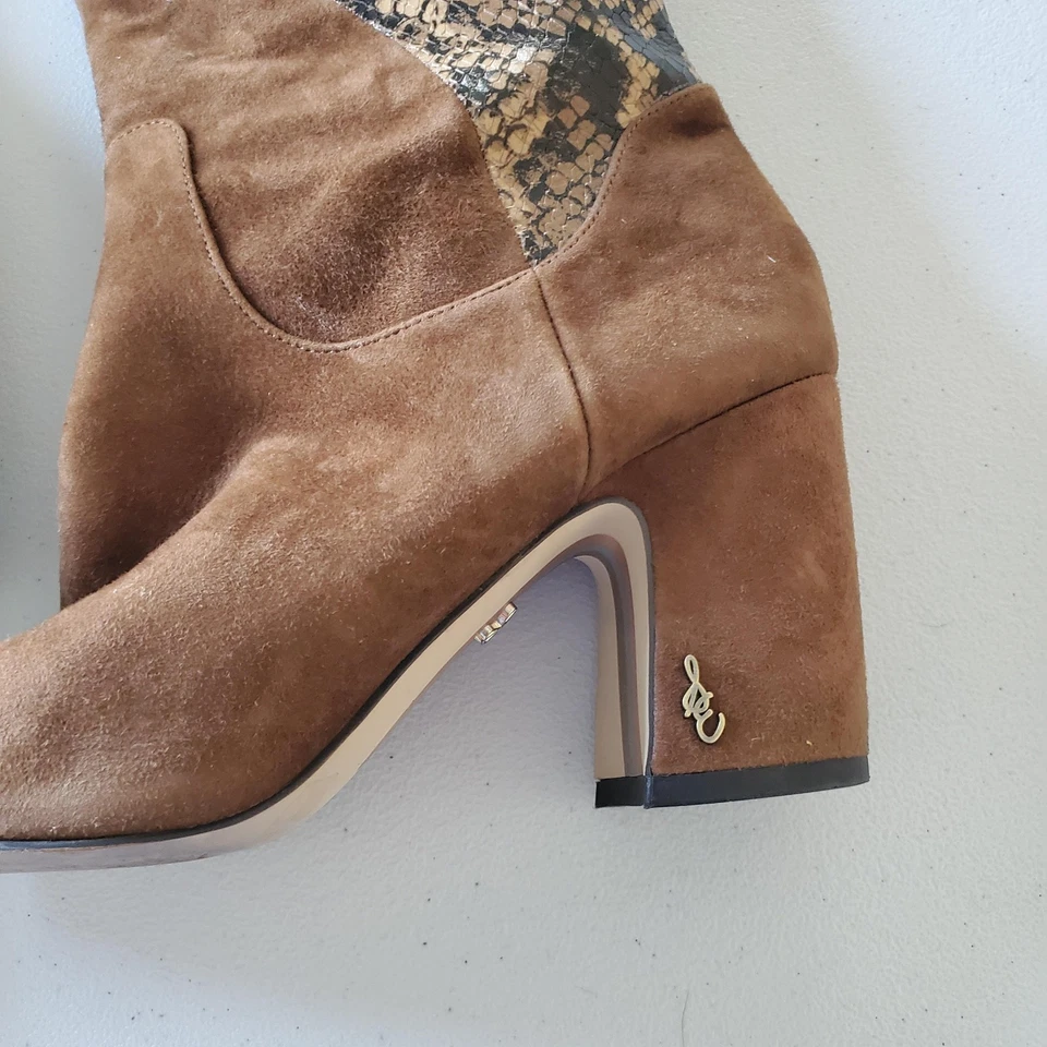 Botas Sam Edelman para mujer talla 7,5 marrón estampado de serpiente gamuza tacón alto cremallera Foto 3 de 4
