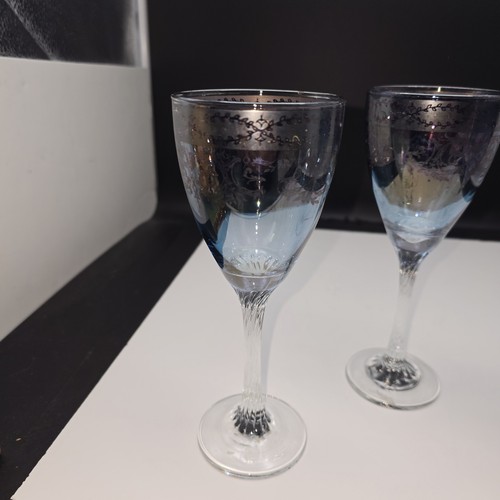 Vintage Bohemian Czech Blue Wine Glasses Silver Overlay Twisted Stem Set of 3 - Picture 4 of 16