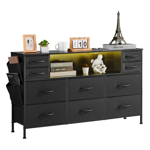 10 Fabric Drawer Dresser with Open Storage Shelf LED Lights & Outlet Black - Picture 12 of 12
