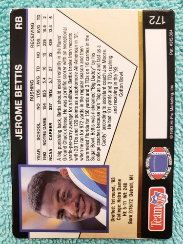 1993 ACTION PACK JEROME BETTIS 1ST ROUND DRAFT #172 LOS ANGELES RAMS ROOKIE RC - Bild 4 von 4