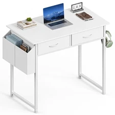 White Sweetcrispy Small Desk with 2 Fabric Drawers, Computer Office 32 Inch