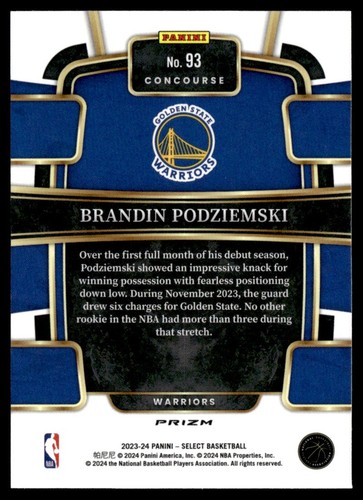 2023-24 Panini Select Red Cracked Ice Prizm Brandin Podziemski RC Golden State - Bild 2 von 2