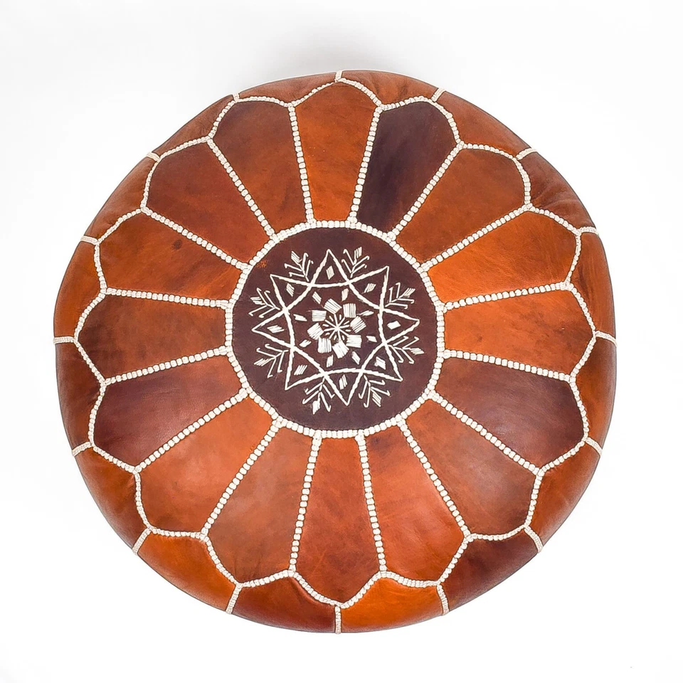 Pouf Rond Rotondi Marocain Cuir Véritable Fait Main – Marron (sans remplissage) - Photo 2/4