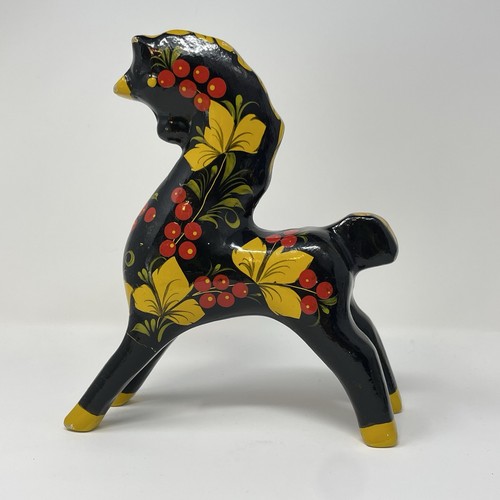 Vintage Russian Folk Art Horse Hand Painted Wood Khokhloma Black 7.25" - Picture 9 of 14
