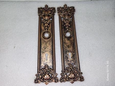 Two Ornate Antique Brass Finish 9" Escutcheon Door Back Plates Lot BP3