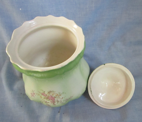 VINTAGE SHENANGO CHINA CO. GREEN FLORAL BISCUIT COOKIE JAR - Picture 6 of 7