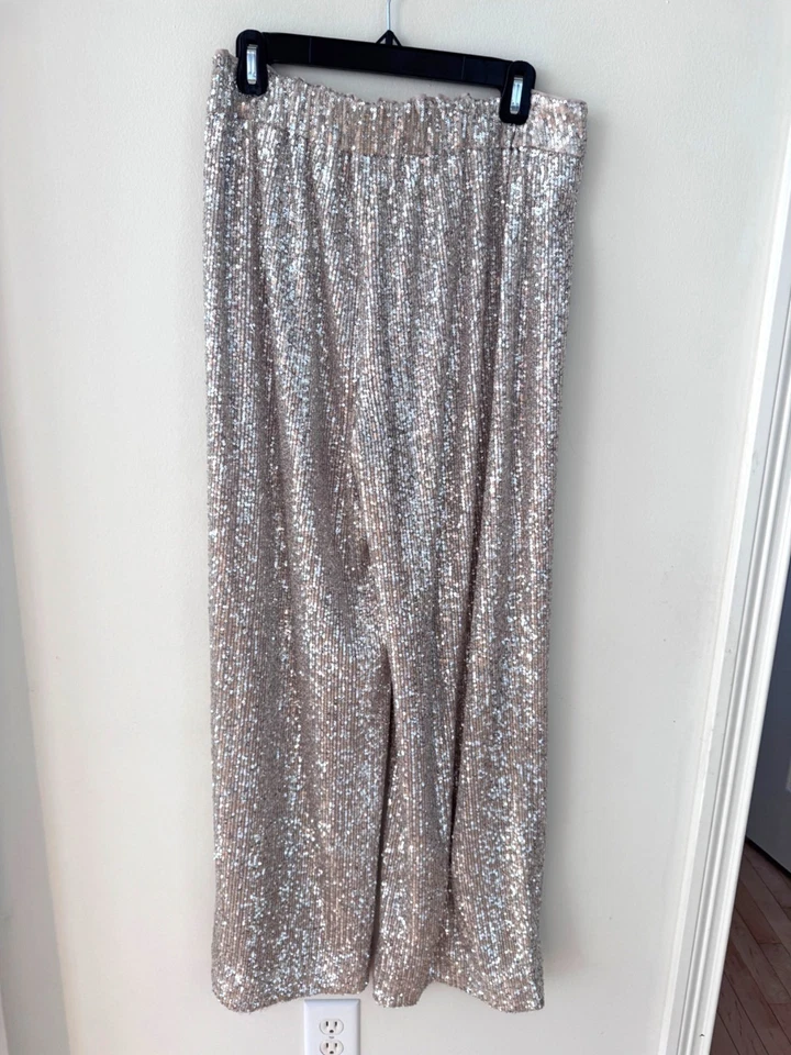 Pantalones Banana Republic Plateados Lentejuelas Pierna Ancha M 100% Poliéster Foto 4 de 4
