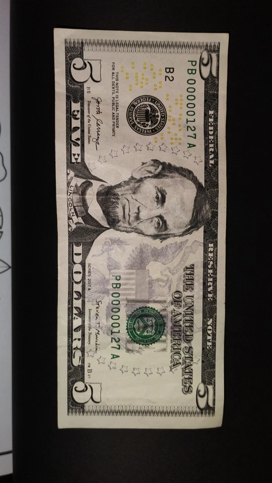 # 00000127! 5$ Bill. LOW Fancy S.#! CRISP, & Near Perfect! 2017 A series. - Image 3 of 3