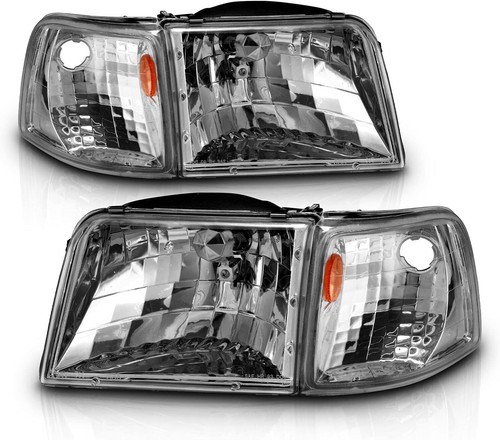 For 1993-1997 Ford Ranger Chrome Housing Headlights+Corner Turn Signal Lamps Set - Picture 2 of 4