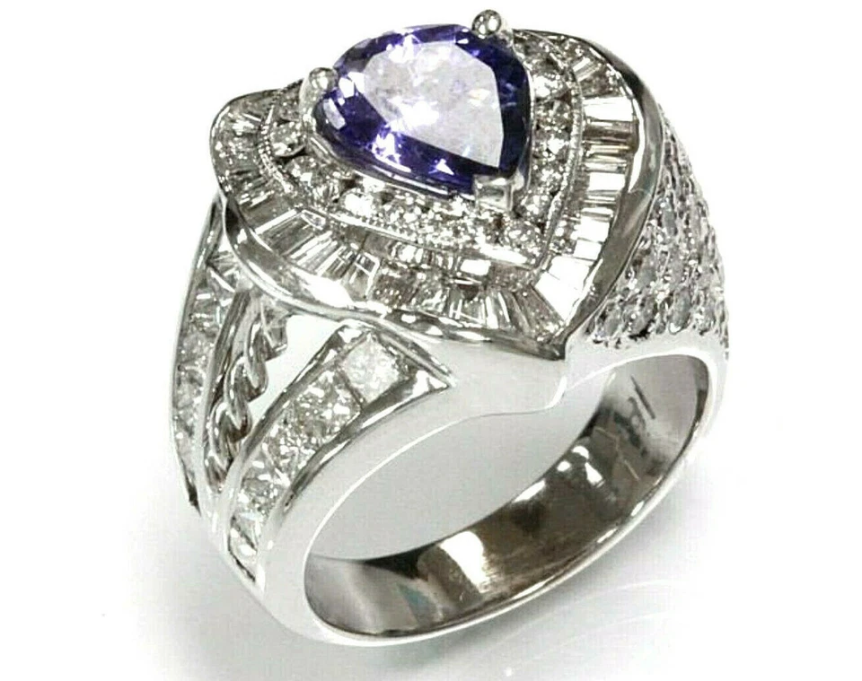 4.3 ctw Natural Blue Violet Tanzanite & Diamond Solid 14k White Gold Heart Ring - Image 3 of 3