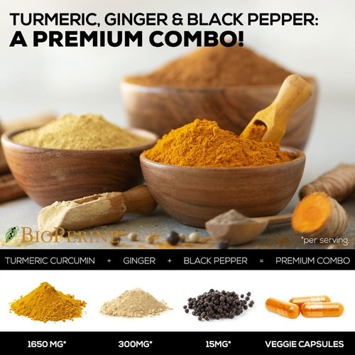Curcumina de cúrcuma con jengibre - 95% curcuminoides 1950 mg potencia máxima con BioPerine - Imagen 5 de 7