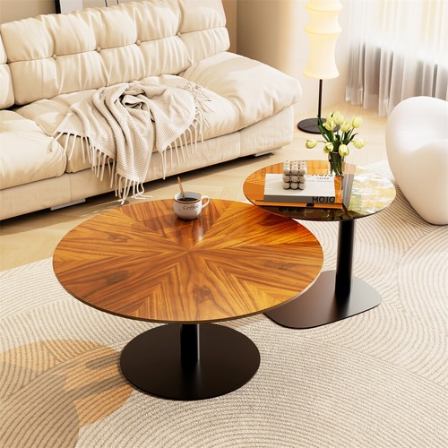 Upscale Modern Living Room Coffee Table Set Separated Round Beech Wood/Glass Top - Picture 5 of 16