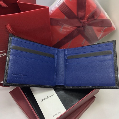 SALVATORE FERRAGAMO Black/Blue 6CC REVIVAL Leather Sliver Logo Wallet - Picture 3 of 7
