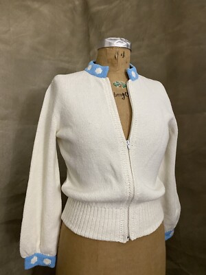 Vtg 60s 70s Hampton Court Knits White Cardigan Sweater BABY