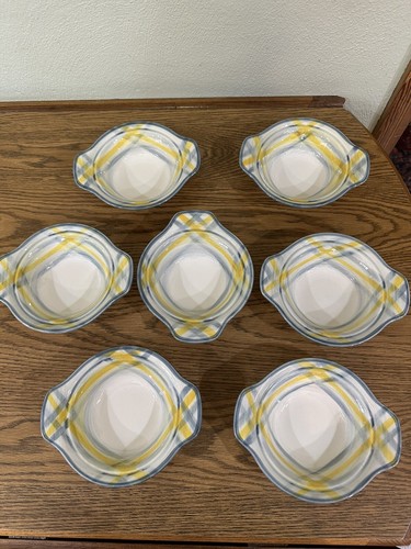 7~Vintage Vernonware 6" Fruit Bowls w/Handles Tweed Plaid Yellow Grey 1950-1954