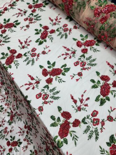 Red Floral Beaded Embroidery Bridal Lace Fabric 50” W Prom Bridal Nude Mesh - Picture 3 of 10