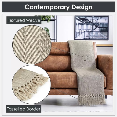 100% COTTON WOVEN HERRINGBONE FRINGED SOFA BED BLANKET THROWS TWEED SOFT MODERN - Picture 38 of 41