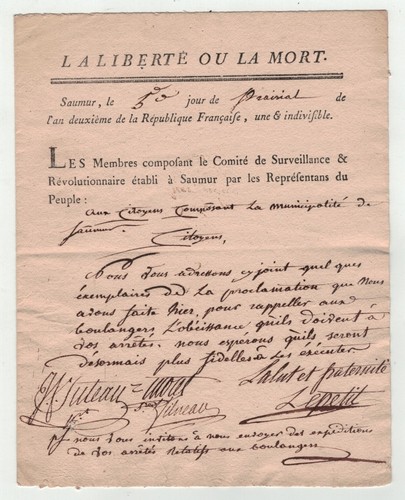 LA LIBERTÉ OU LA MORT. Rappel devoir d’Obéissance des Boulangers. Saumur 1793
