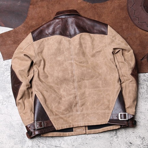 Canvas Patchwork Oil-Tanned Cowhide Leather Jacket with Vintage Workwear Style - Picture 3 of 25
