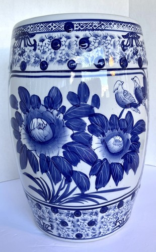 Schöner Gartenhocker Vintage Stil blau-weiß Porzellan Vogelmotiv - Bild 1 von 7