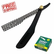 SMART BEARD CUT THROAT BARBER STRAIGHT SHAVING RAZOR CHECKER DESIGN + 100 BLADES