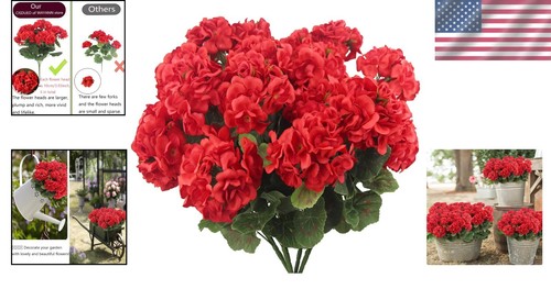 4 Pcs UV Resistant Silk Geranium Flowers - Vibrant Red Faux Outdoor Bush - Picture 2 of 9