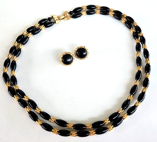 Vtg Trifari Black Lucite Bead Gold Tone 2 Strand Necklace 21.5" Clip Earring Set - Picture 2 of 13