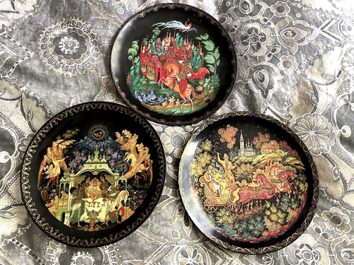 Collection of 3 Russian Lacquer Plaque or Plate 7 3/8" Palekh Signed & Dated