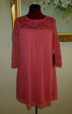NEW AS U WISH SZ S CORAL EMBROIDERED/NET 3/4"SLEEVE ABOVE KNEE LINED SHIFT DRESS