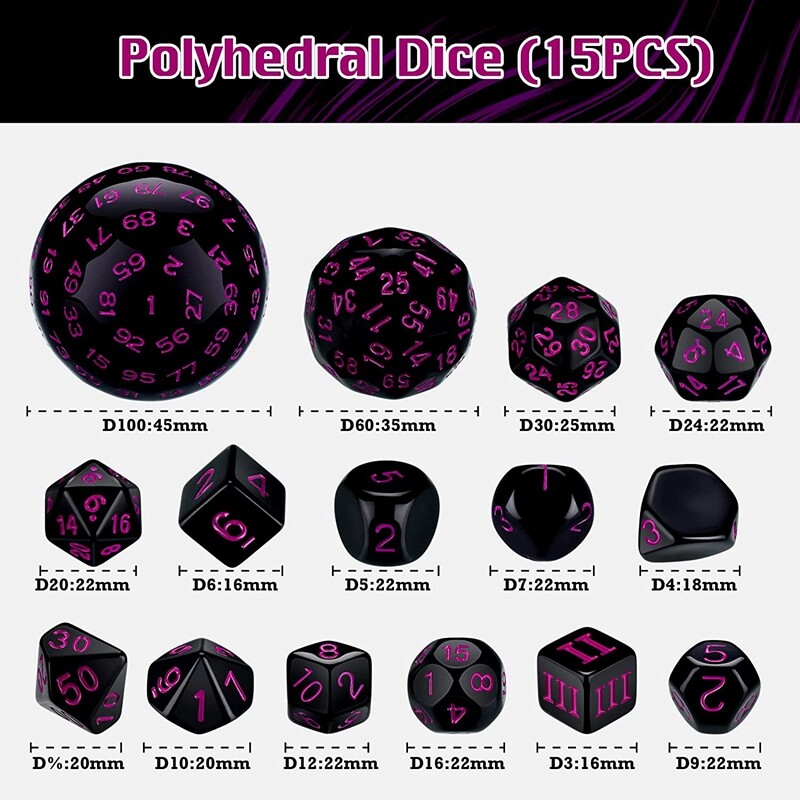 15Pieces Complete Polyhedral DND Dice Set D3D100 Spherical RPG Dice