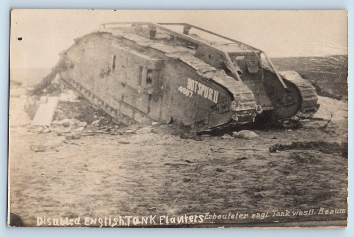 RPPC WW1 German photo postcard of disabled British tank RPPC WW1 German photo postcard of disabled British tank